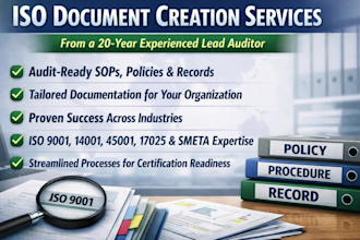 create iso 9001, iso 14001, iso 45001, iso 17025, iso22716 sops, forms, manuals