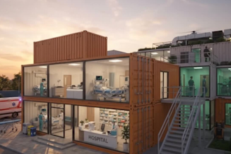 design photorealistic shipping container retail stores and houses