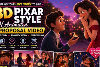3d pixar style ai animated proposal video, romantic love storytelling video
