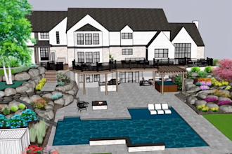 do landscape design, site plan, garden design, backyard, pool and 3d render