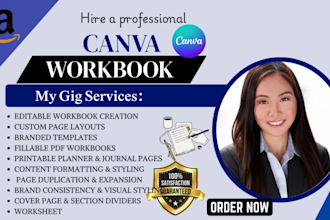 design editable workbook, printable planner, worksheet, pdf, in canva
