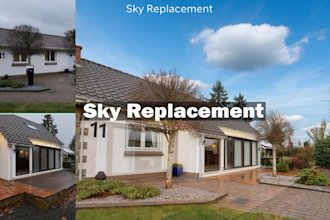 replace sky, green grass, and fire in fireplace in real estate photos