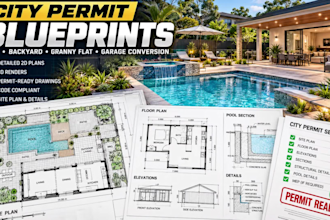draw city permit blueprints, granny flat or garage conversion with 3d renders