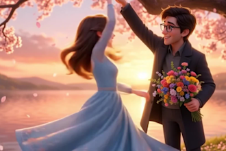 create a pixar style animated romantic love story video