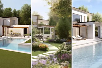 design landscape, backyard, garden, patio, pool and 3d rendering