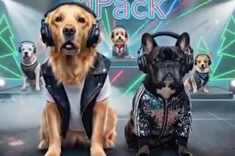 create funny dog taik, dancing dog, ai podcast video