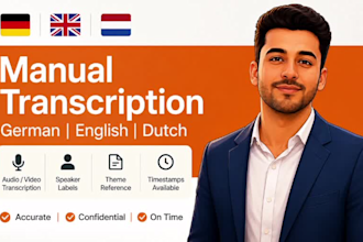 do english, german or dutch transcription of any audio file or video