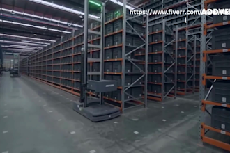 create cinematic 3d industrial robot animation for warehouse, factory automation