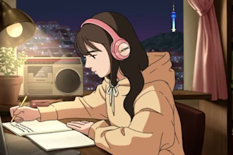 create  lofi loop animation, relaxing lofi, lofi girl loop with custom illustrat