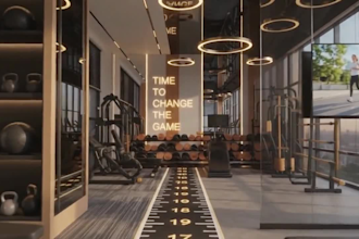 design  3d  gym interior, barbershop, salon, home  gym, fitness center, spa