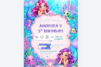 provide an editable mermaid birthday invitation canva template