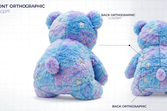 design plush toy character reference sheet, concept art and kawaii plush design