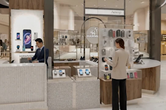 design a 3d mobile gadget showroom with realistic rendering