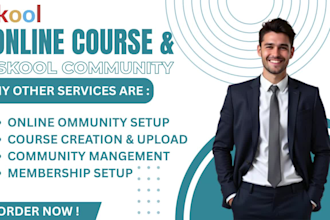 setup skool community, skool online course creation and skool community manager