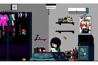 make 8bit 2d pixel art sprite sheet animation, lofi loop character, environment