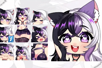 create twitch emotes, custom animated chibi anime chat emotes, vtuber for stream