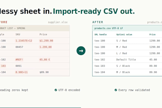 convert and fix your product data into a shopify csv import file
