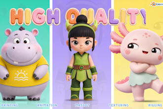 create cute 3d character modeling, cartoon characters and mascot for animation