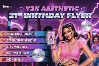 design a glittering mcbling y2k aesthetic 21st birthday flyer for her socials