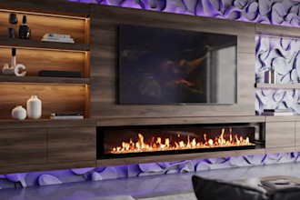 do lighting media, tv wall design, shelf, fireplace with mural 3d rendering