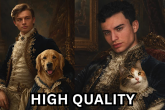 create a realistic royal pet and owner portrait from photo