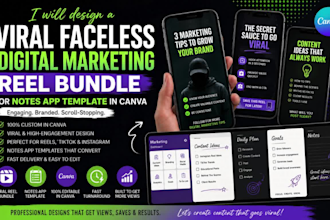 design viral faceless digital marketing reel bundle, notes app template in canva