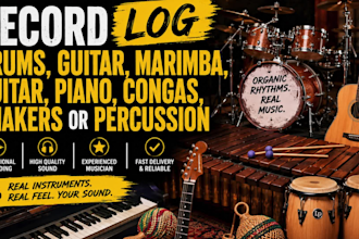 record log drums, guitar, marimba, guitar, piano, congas, shakers or percussion