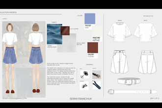 do fashion techpack, tech draw, illustration, moodboard