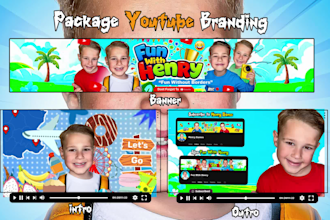 design a complete youtube branding pack kids ,intro,outro, banner and logo