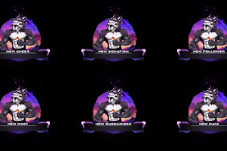 design animated twitch stream overlay, kick package, twitch logo intro, emotes