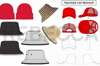 do hat tech pack cap techpack design flat sketch with mockup, beanie tech pack