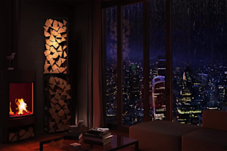 create rain video with natural sound in a cozy room