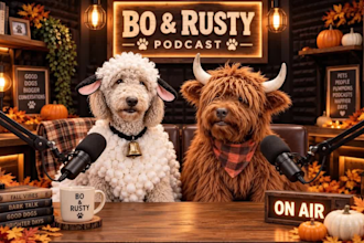 do funny ai dog talk, ai dog interview, ai podcast, ai dog funny storytelling