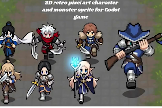 do retro pixel art character and monster  sprite for godot game and animation
