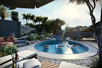 do building exterior, 3d, realistic render, pool render, pickleball court