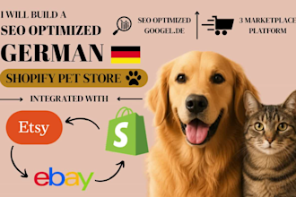 build a SEO optimized german shopify pet store integrated with etsy and ebay