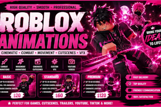 create roblox animation with vfx for games combat ability, cinematic cutscenes