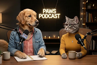 create a realistic ai dog taik, ai funny cat podcast video
