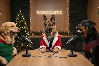 create ai talking dog christmas greetings, ai podcast, ai funny dog videos