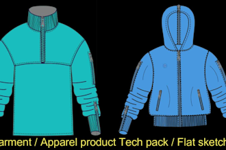 design fashion tech pack, 3d mockup, 2d flat sketch