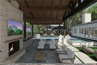 backyard landscape design, 3d rendering, pool patio design, landscape architect