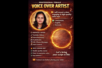 record a professional female voice over in english and kannada