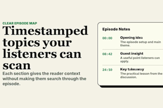 write SEO podcast show notes with timestamps and key takeaways