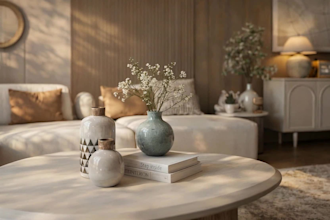 design a minimalist japandi 3d interior with warm photorealistic renders