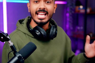 be spanish speaking ugc video editor,  podcast spokesperson in studio setup