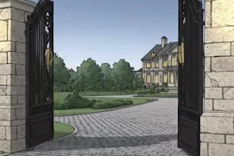 3d design of main entry gate, boundary wall ,landscape ,realistic visuals