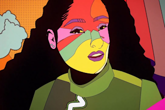 create 2d trippy animated music video, psychedelic visual lyrics video, glitchy