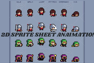 do pixel art animation 2d top down tilestets character sprite sheet game assets
