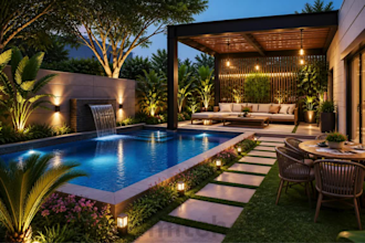 backyard landscape design, 3d landscape design, frontyard pergola rendering