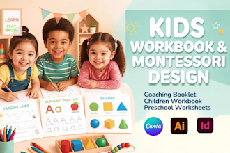 design kids coaching booklet, children workbook, montessori preschool worksheet